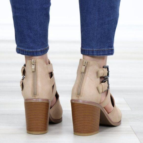 Ankle Boot Block Heel Buckle Straps Pointed Toe Sleek Cutout Back Zipper Taupe - Picture 3 of 11